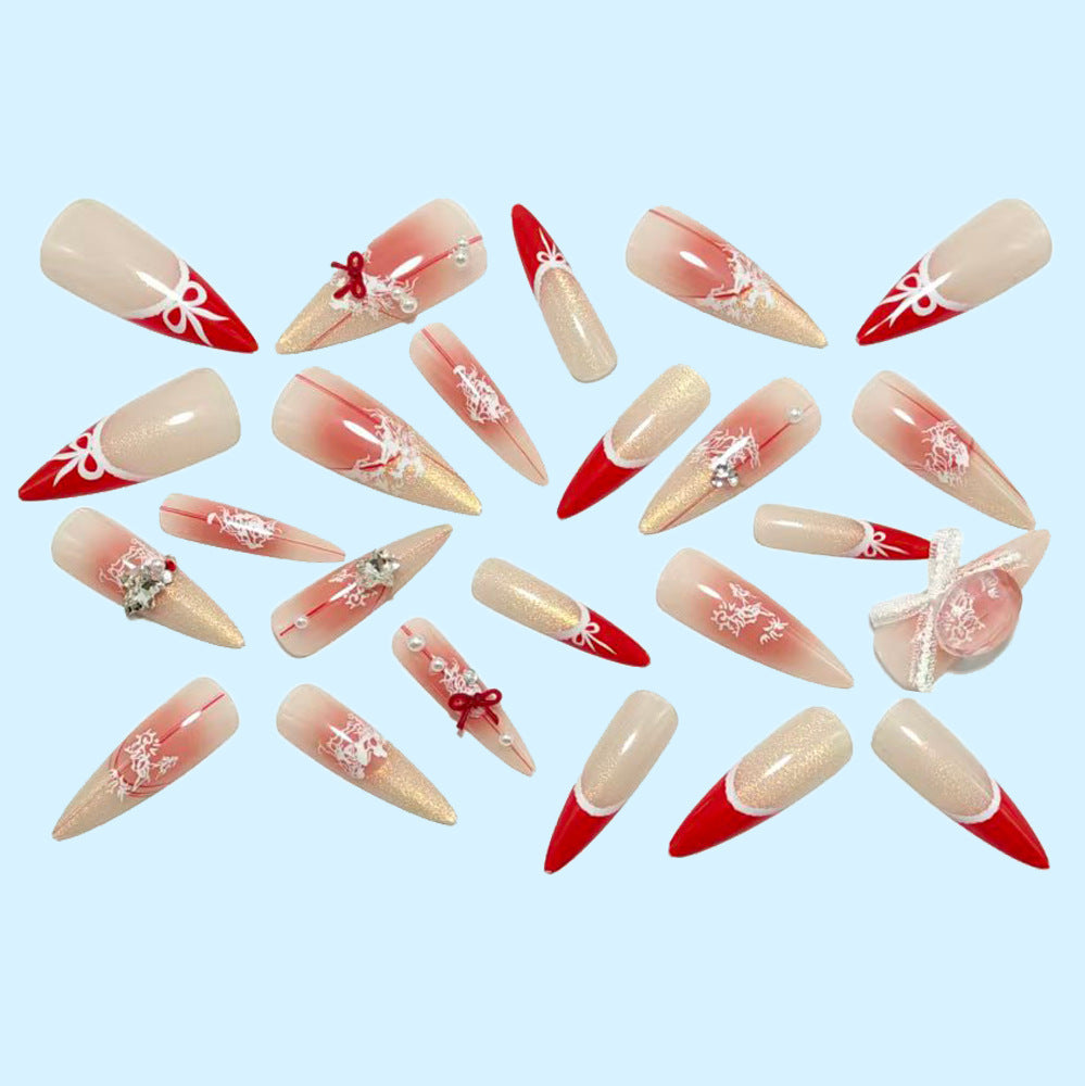 Christmas French tips autumn and winter white handmade wear nail cat eye manicure wear nail pure desire advanced sense fake nail patch