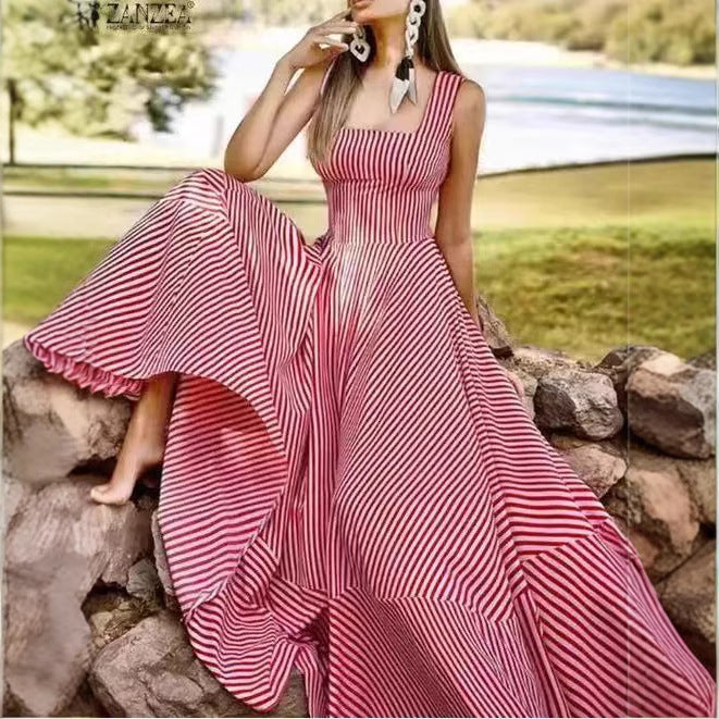 Summer Fashion Striped Tank Dress – Flared Tie-Waist Midi