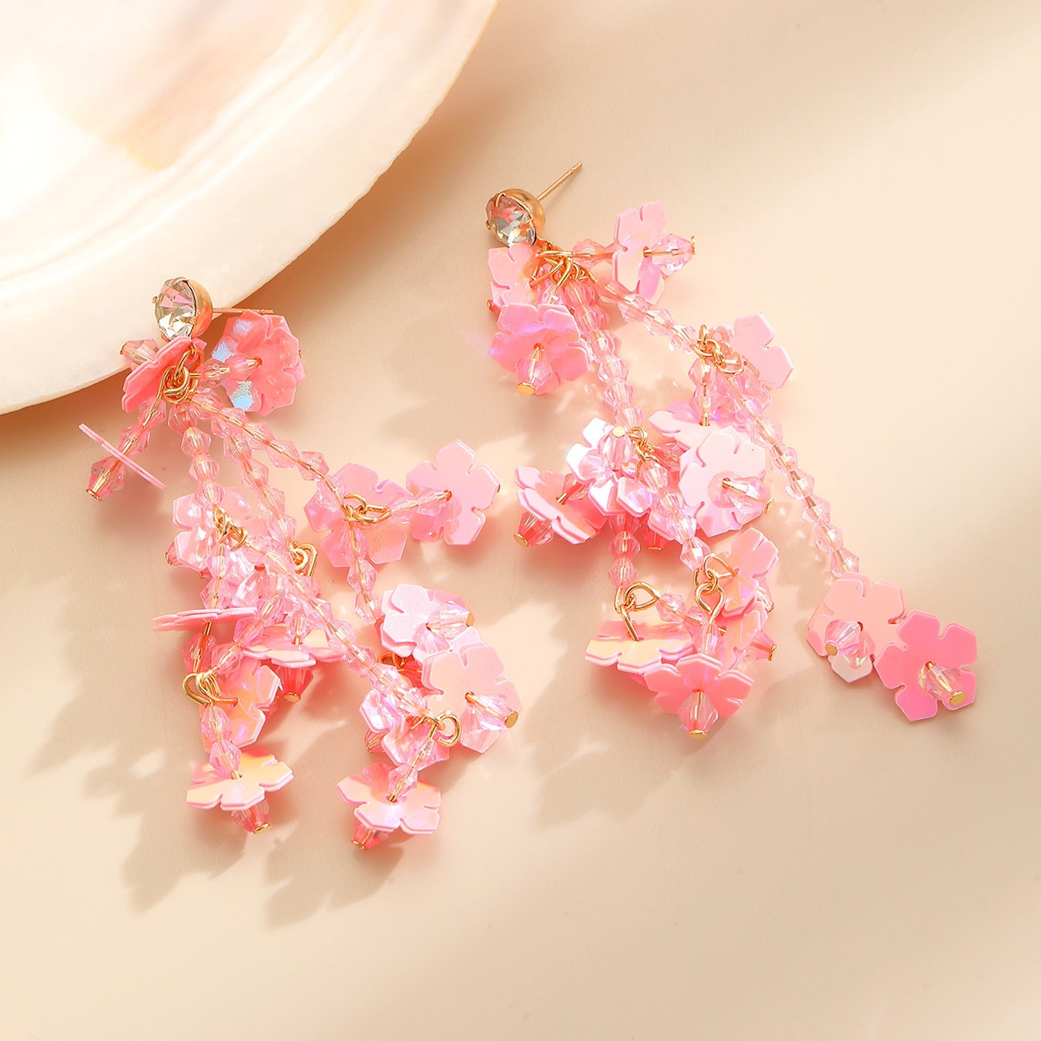 Vacation Pink Rice Bead Flower Luxury Tassel Earrings Boho Sweet Girl Earrings