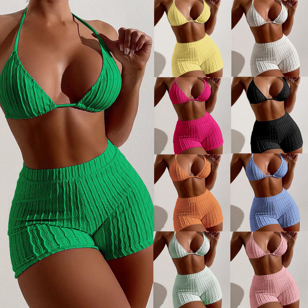 Women's Mesh Fabric Boxer Swimsuit Two-Piece Solid Color Bikini Sporty Style