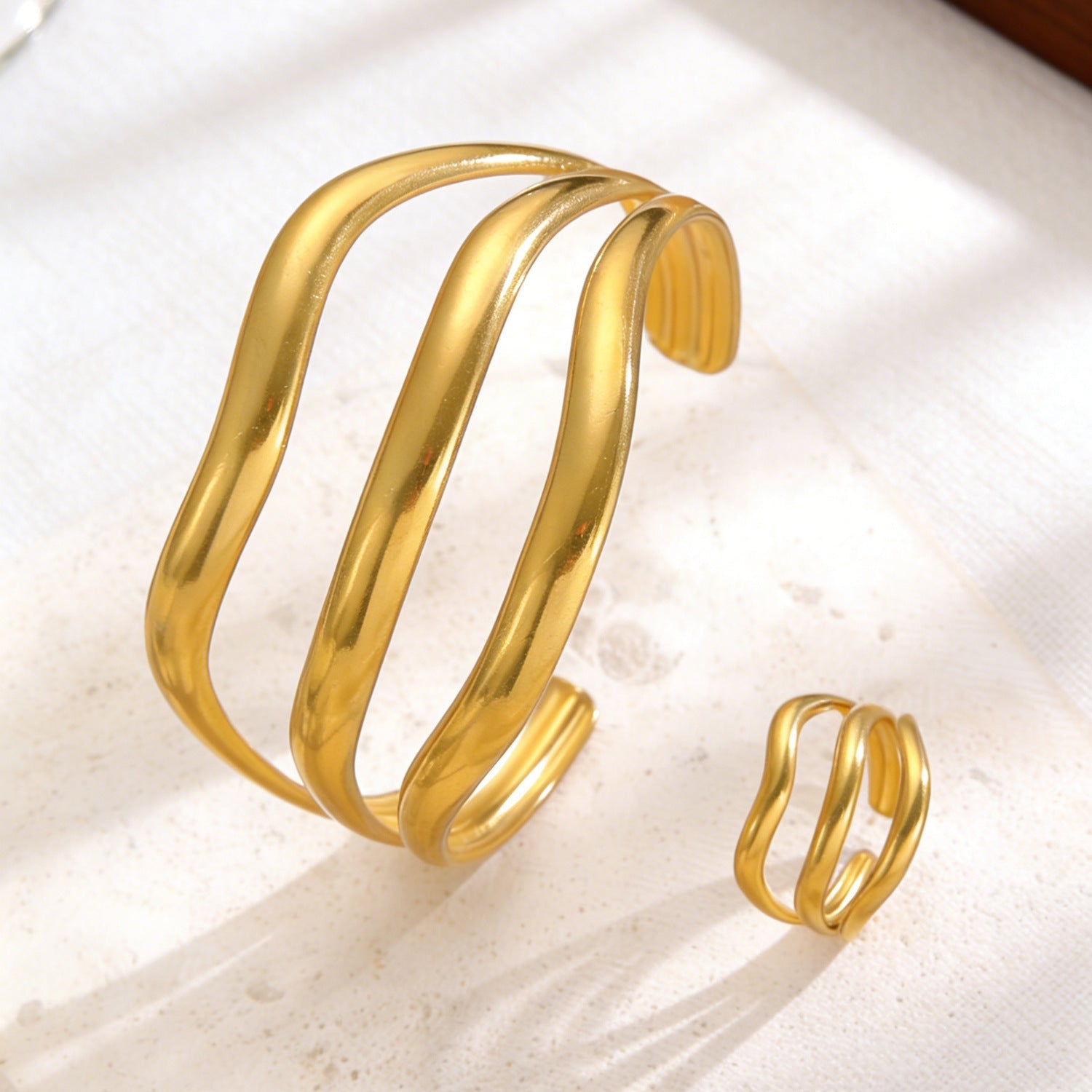 Exaggerated Vintage Stainless Steel Multi-Layer Wavy Ring & Bangle Set Party Banquet