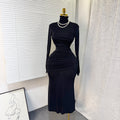 Spring Evening Gown – Elegant High-Neck Bodycon Long Sleeve Dress, Formal Cocktail Midi