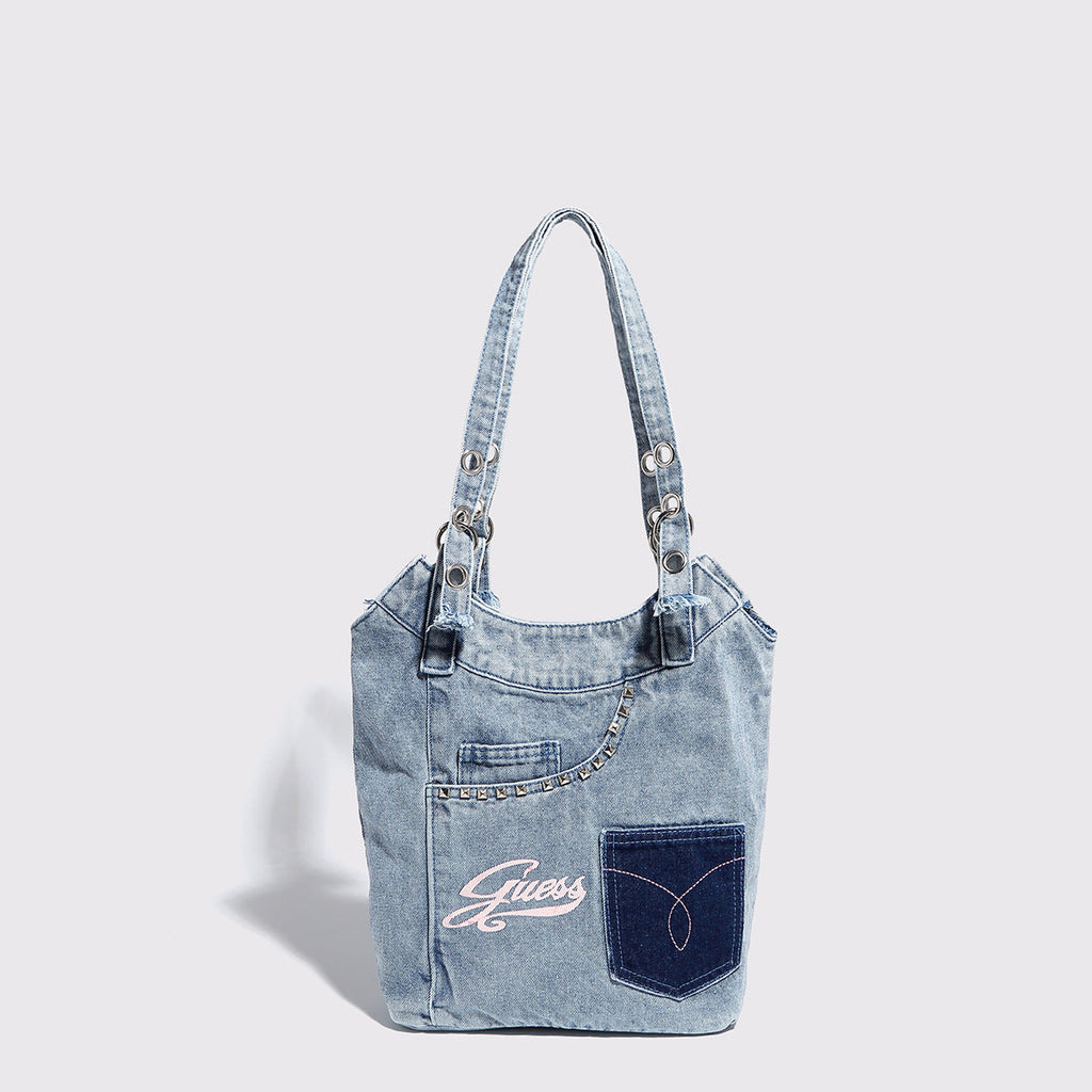 Washed denim shoulder bag, Spice girl sweet cool retro hobo bag, fashionable splicing shoulder bag, versatile hobo women's bag