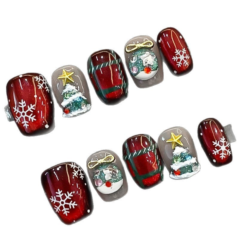 Pure handmade wear nail cute little fresh Christmas manicure Christmas tree short nail removable manicure