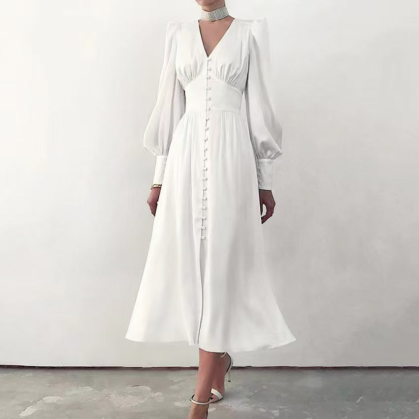 V-Neck Elegant Long Sleeve Waist-Defining Dress Style
