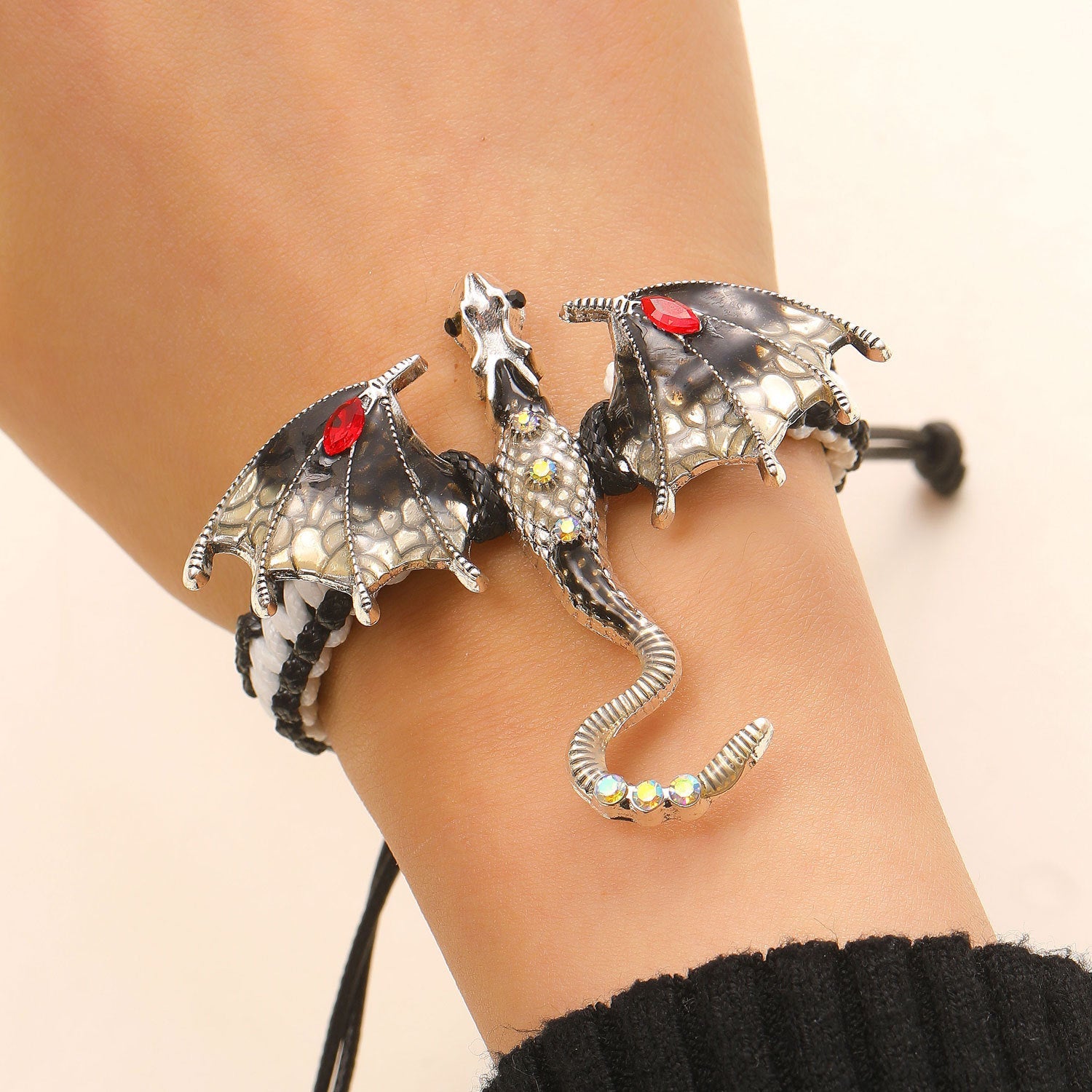 Vintage Enamel Dragon Handmade Woven Bracelet Zircon Dragon Rope Bracelet for Men