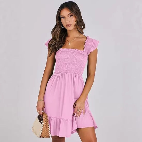 Women's sleeveless square neck pleated backless short dress women's