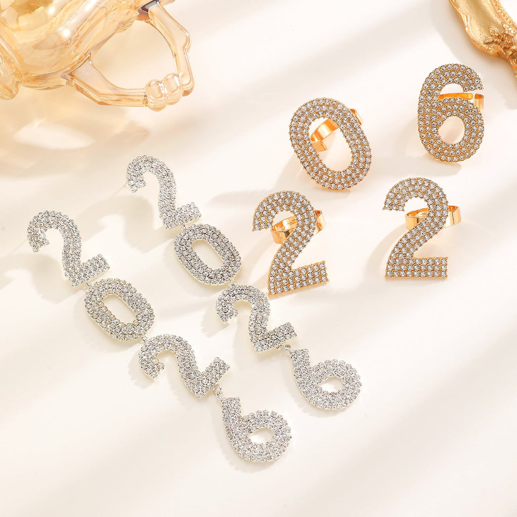 Zircon Inlaid Number Tassel Earrings & Ring Set Luxury Party Jewelry