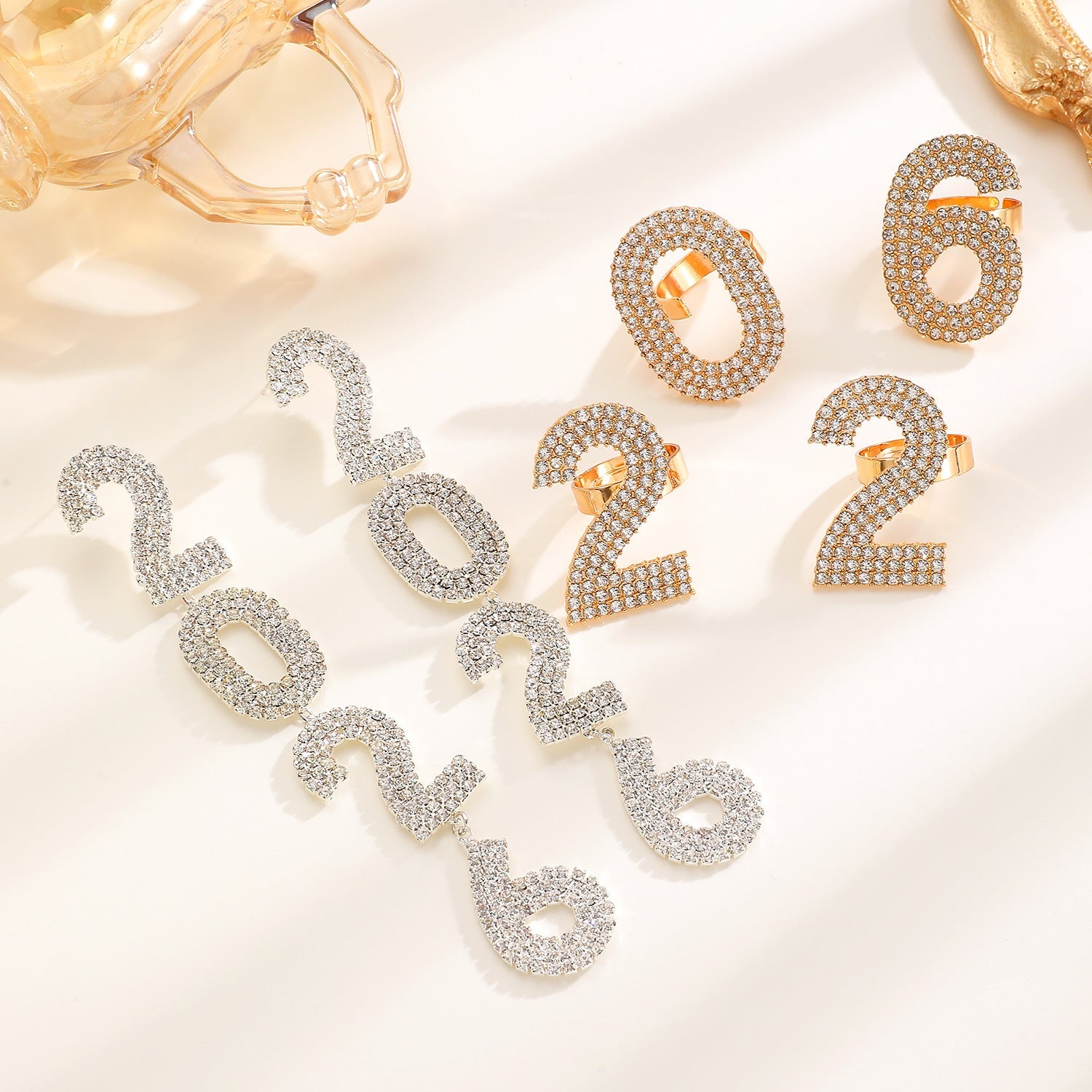 Zircon Inlaid Number Tassel Earrings & Ring Set Luxury Party Jewelry