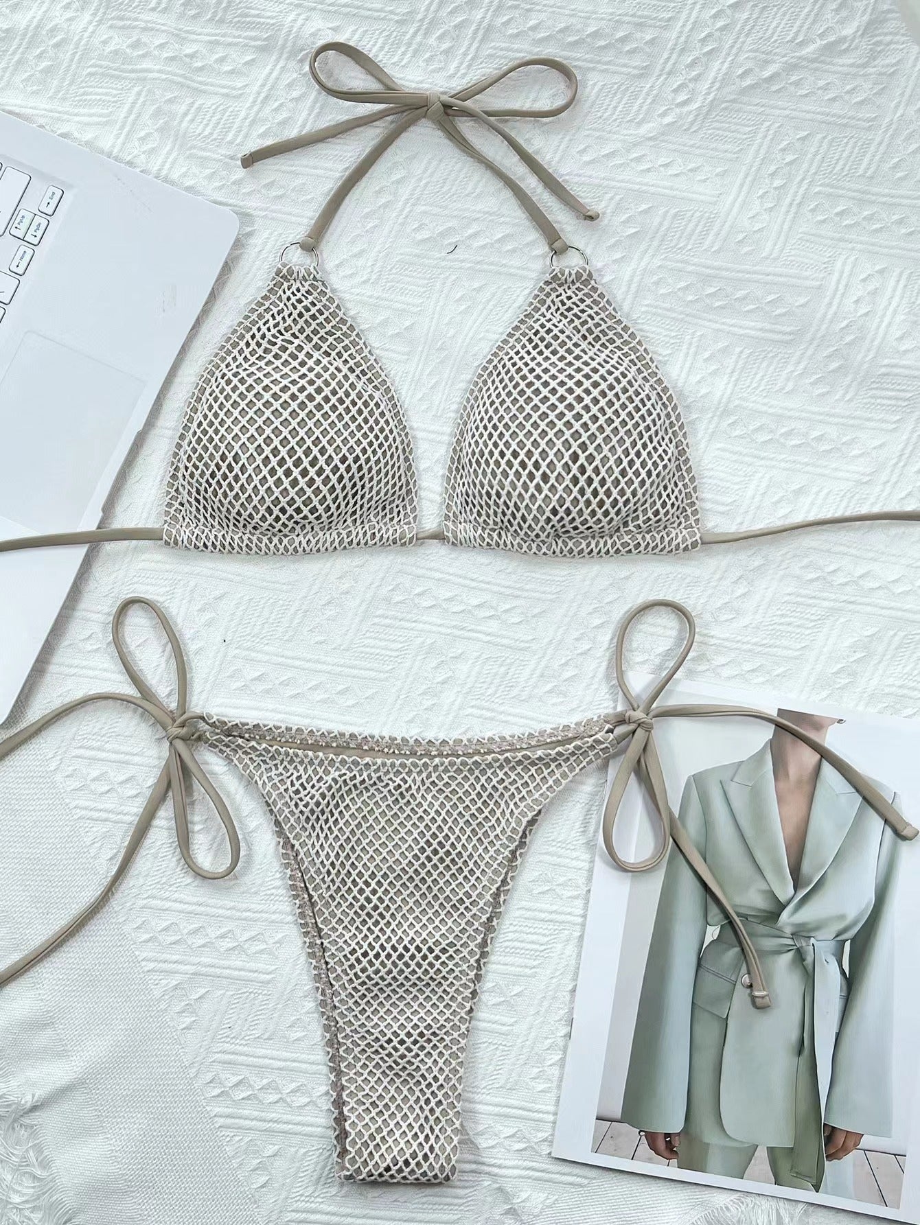 Mesh Fabric Solid Color Split Bikini Swimsuit, Stylish Sexy Beach Hot Spring Resort Swimsuit