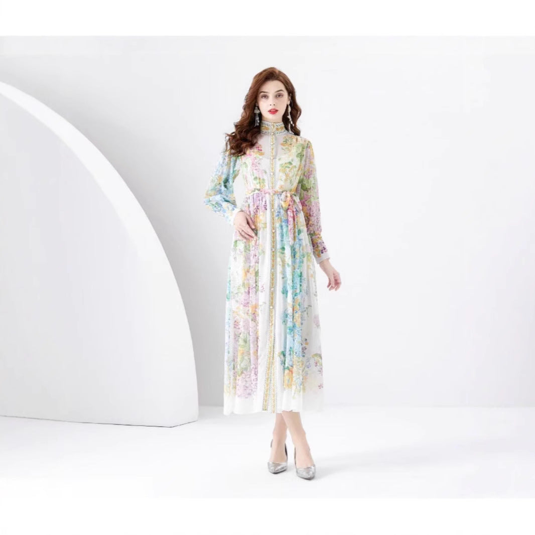 Early Spring Fashion Court Style Dress - Vintage Print Mandarin Collar Long Sleeve Flared Maxi Gown
