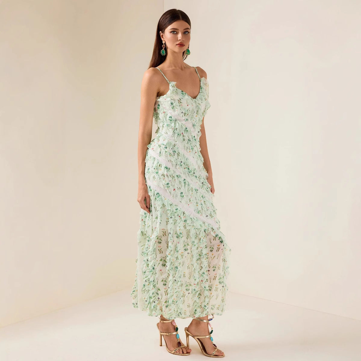 Women's Ruffle Spaghetti Strap Summer Sexy Cover-Up Mesh Long Dress