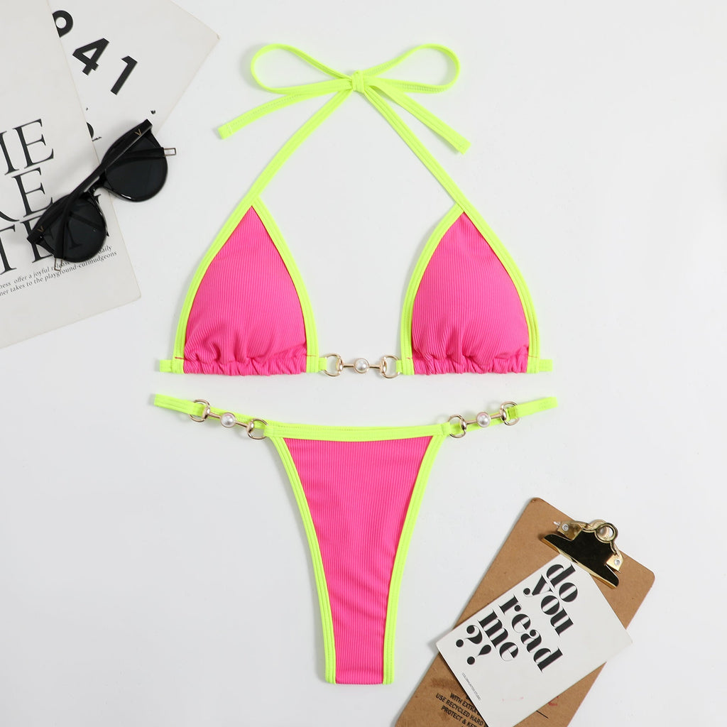 Swimwear Sexy Solid Metal Bikini Swimsuit Women's Bikini Set