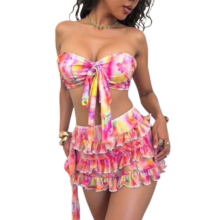 Sexy Printed Bikini Three Piece Swimsuit with and Pleated Skirt for Women Hot Spring Swimwear