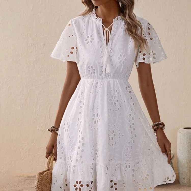 White Embroidered Lace V-Neck Dress with Bubble Sleeves