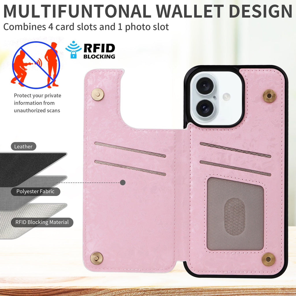 Phone Case Applicable to Apple 16 painted double buckle four-insert card wallet case 16pro max all-inclusive anti-drop case protective cover
