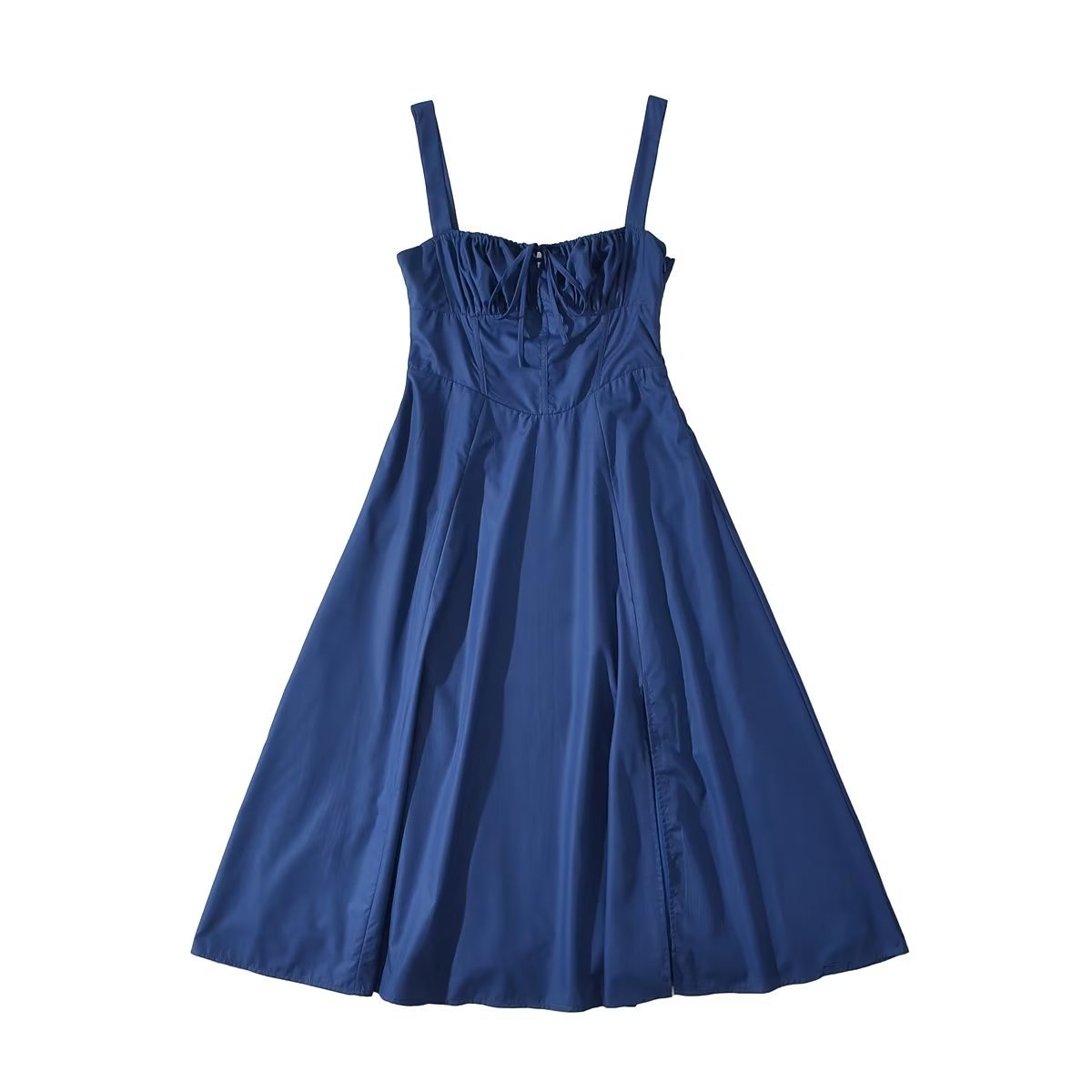 Square Neck Bustier Midi Dress - Low Cut Sleeveless Swing Sundress with Lace Trim & Spaghetti Straps