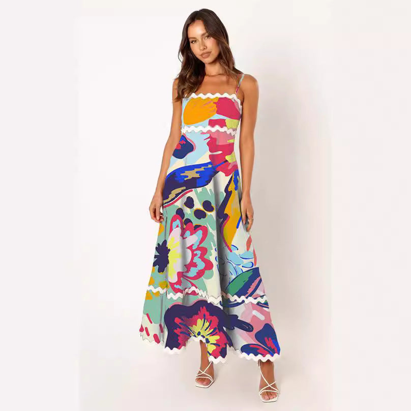 Summer solid color lace stitching elegant suspender tube top super pendulum dress