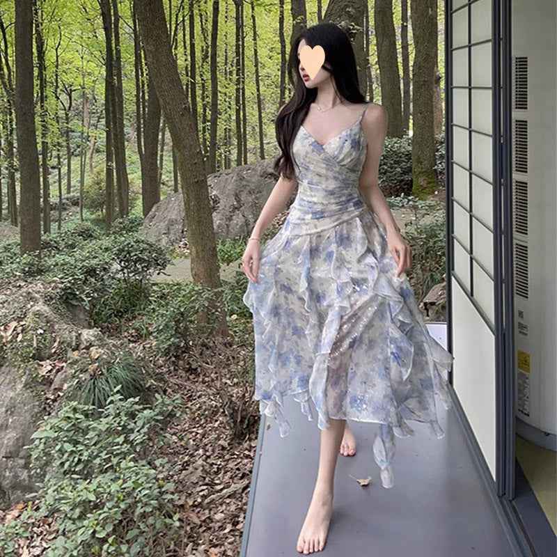 Floral Print High Waist Fairy Dress with Lotus Edge Ruffles