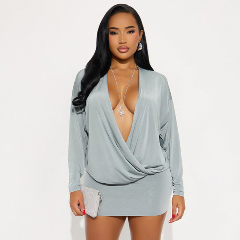 Fashion sexy deep V long sleeve solid color waist and hip wrap dress