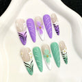 Mandarin Duck Purple Green Pinch Flower Spice Girl Long HandmadePress on Nails Fake Nails