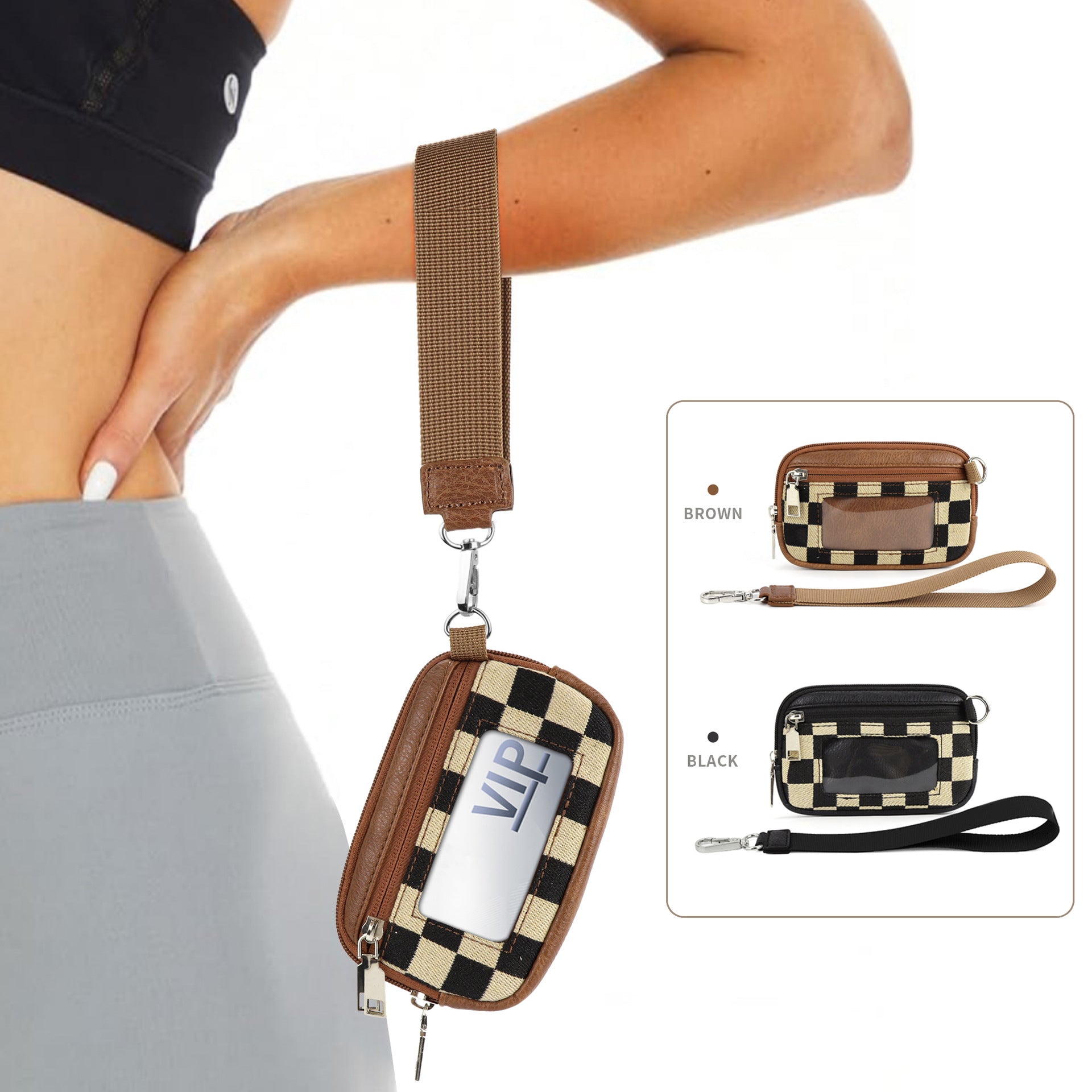 Durable Chessboard PVC Card Bag – Portable Wrist Bag for Bank Card & Change Storage Pouch