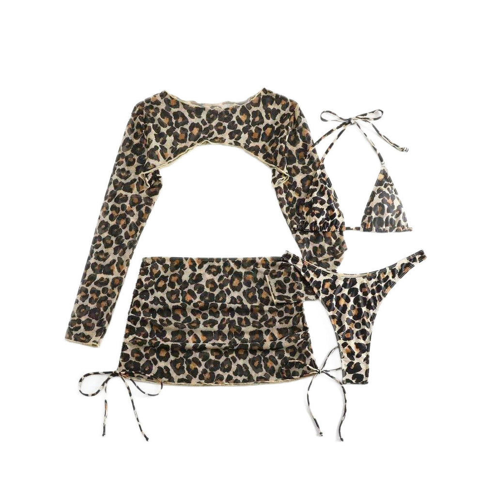Leopard Print Lace up Sexy Bikini Separated Four piece Swimsuit Long Sleeve Sun Protection Skirted Swimwear