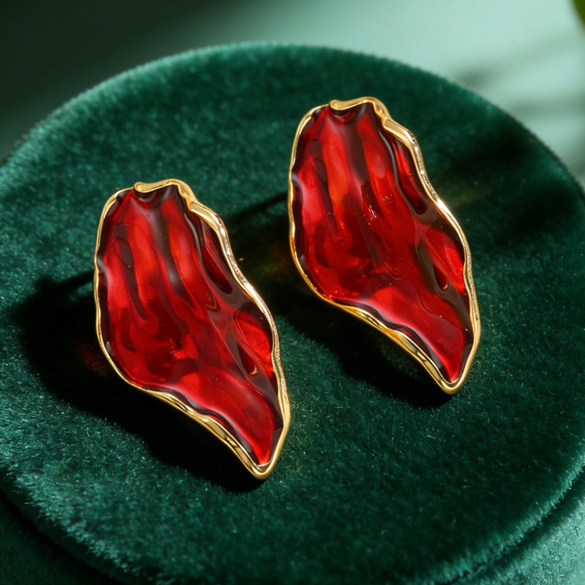 Vintage Irregular Pleated Petal Oil-Drop Earrings Enamel Geometric Jewelry
