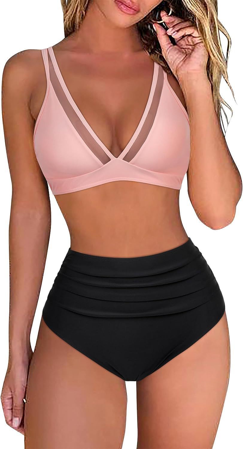 High Waist Bikini Mesh Panel Sexy Backless Ruffled Swimsuit