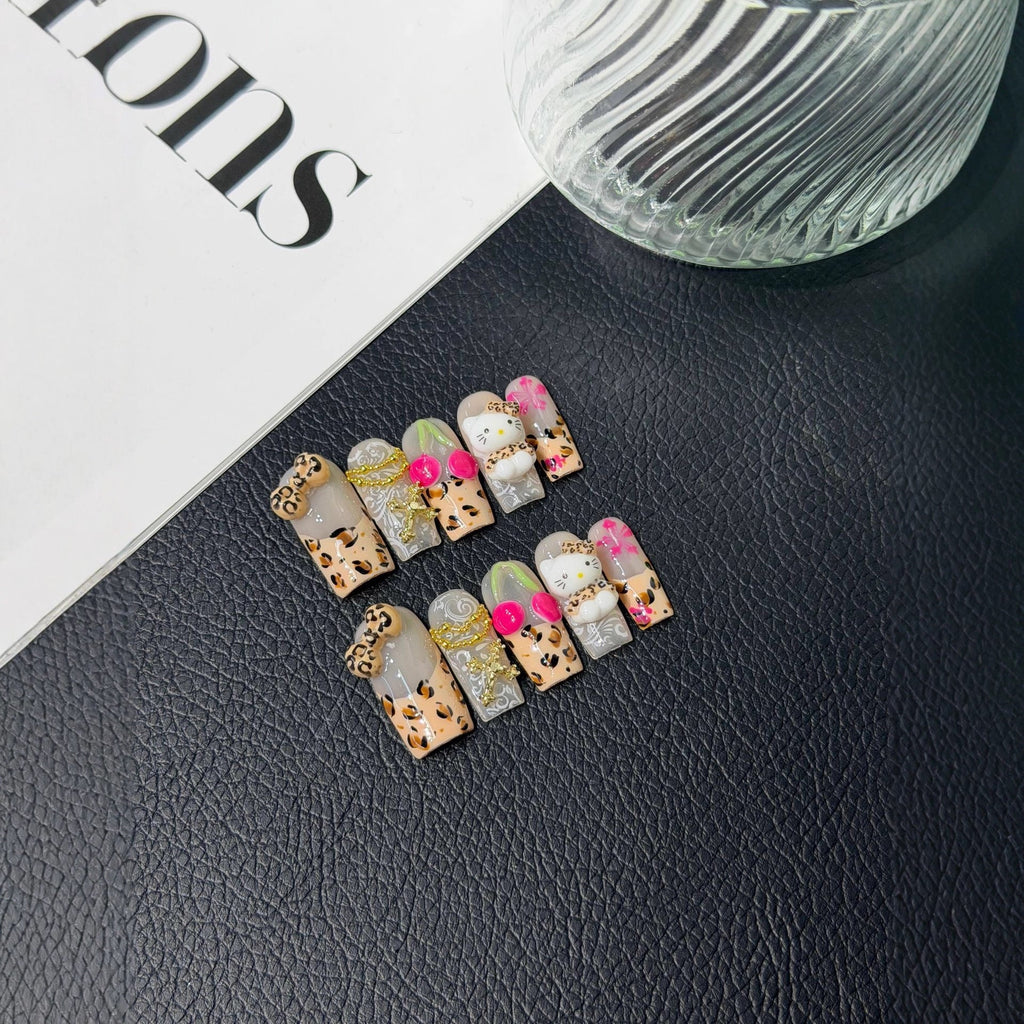 leopard print KTHandmade pinched cherry hand-painted Press on Nails wholesale