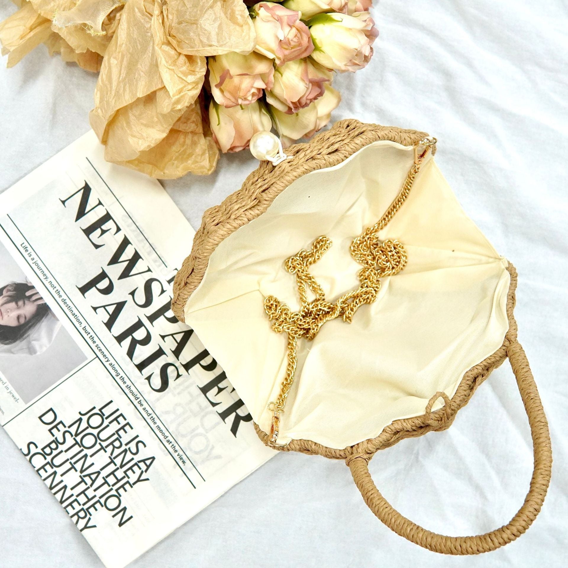 Round Straw Beach Bag - Handwoven Round Tote, Two-Way Handheld Shoulder Purse, Paper Rope Casual Bag