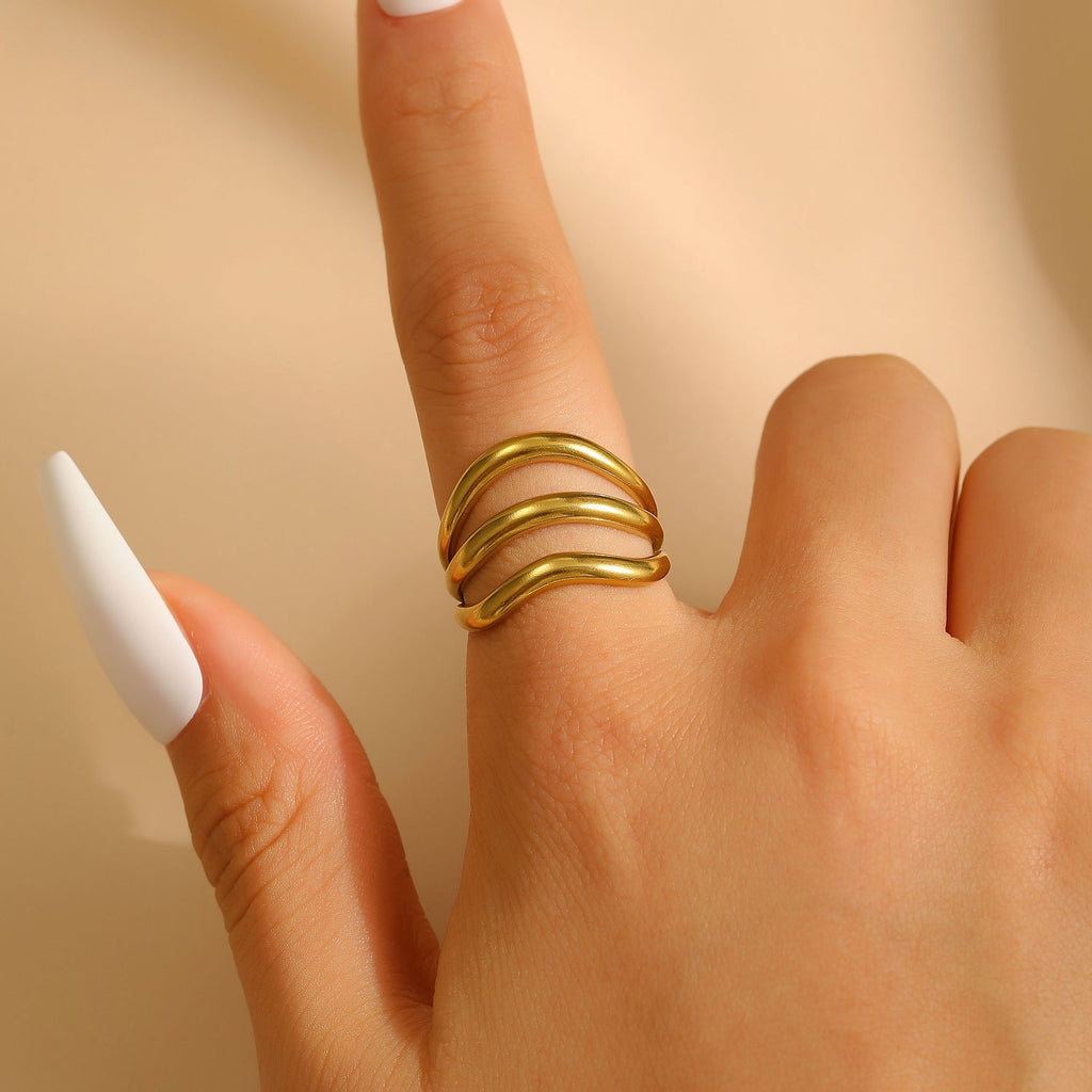 Exaggerated Vintage Stainless Steel Multi-Layer Wavy Ring & Bangle Set Party Banquet
