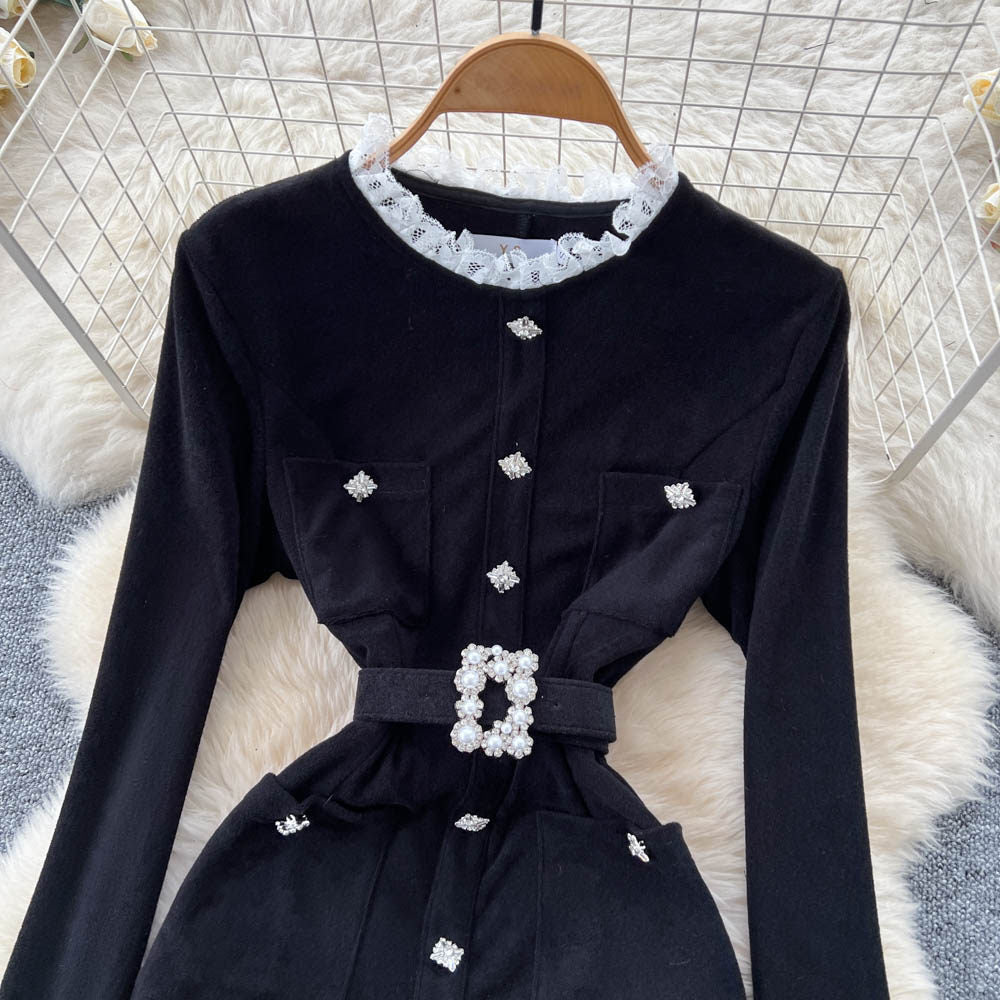 Pearl Buckle Lace Trim Dress – Black Tie-Waist Peplum Hem Mini, Elegant Cocktail Shift