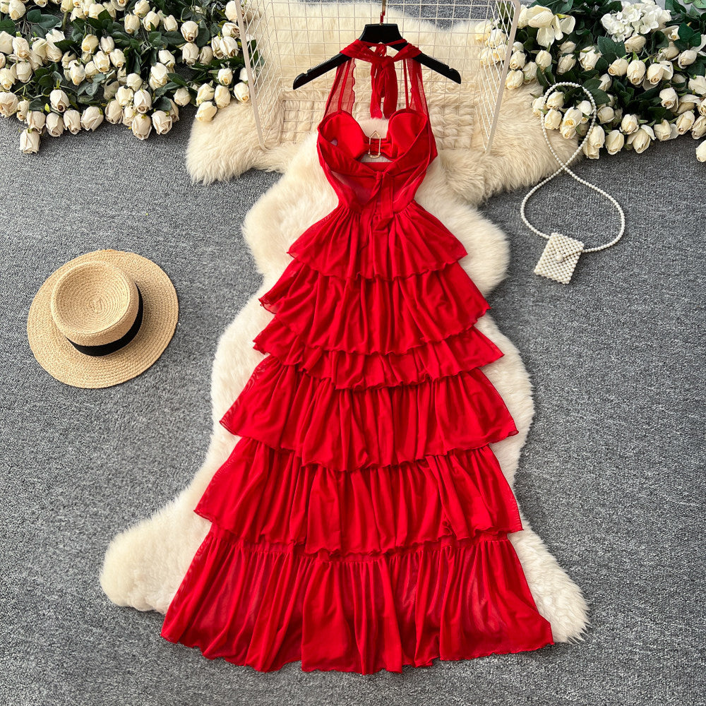 Red Halter Sleeveless Mesh Dress – V-Neck Tie-Waist Tiered Cake Maxi, Summer Vacation Statement Gown
