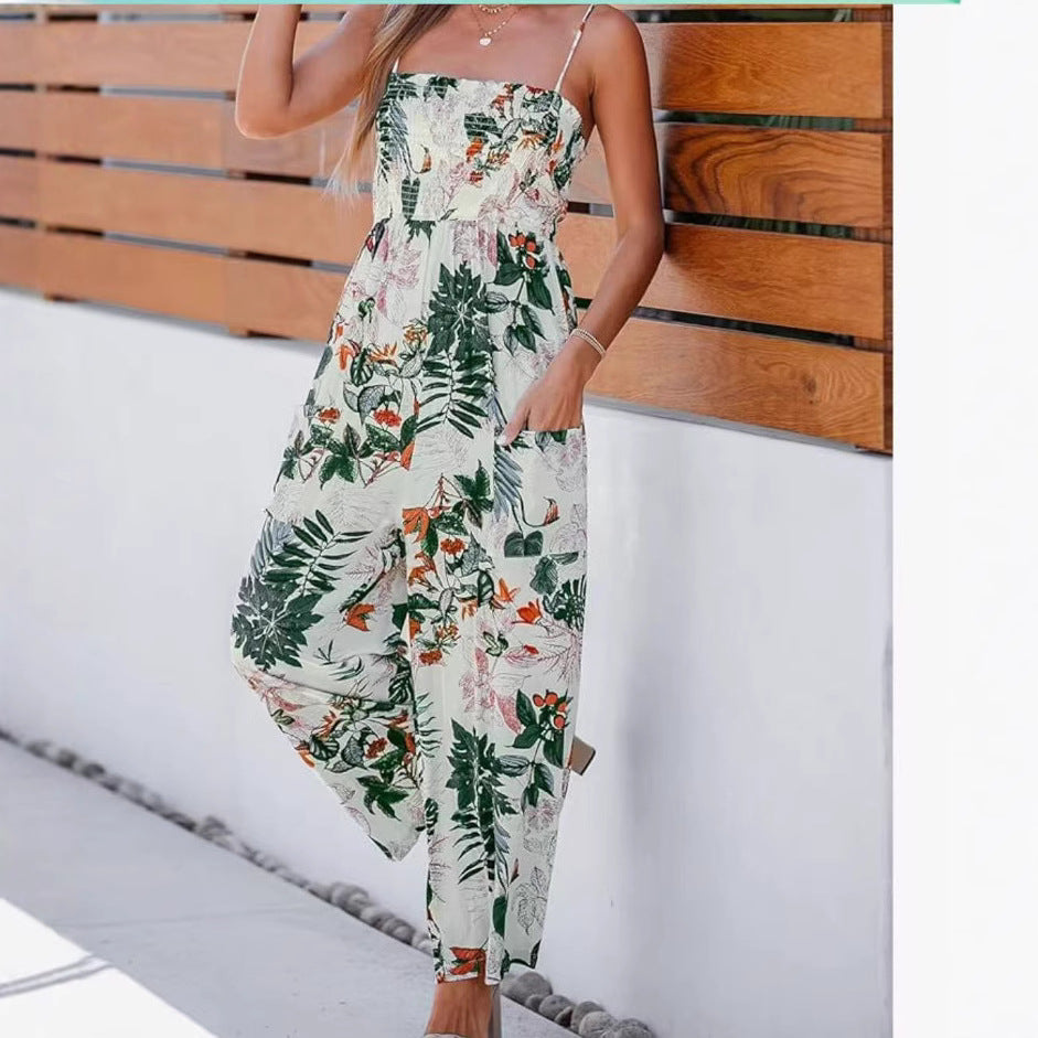 Spring-Summer Sling Loose Casual Jumpsuit Vacation Wide-Leg Romper