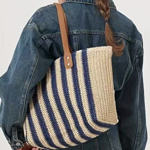 Zip-Top Woven Bag – Fall Beach Large Tote, Versatile Fashion Vacation Handheld Shoulder Straw Purse
