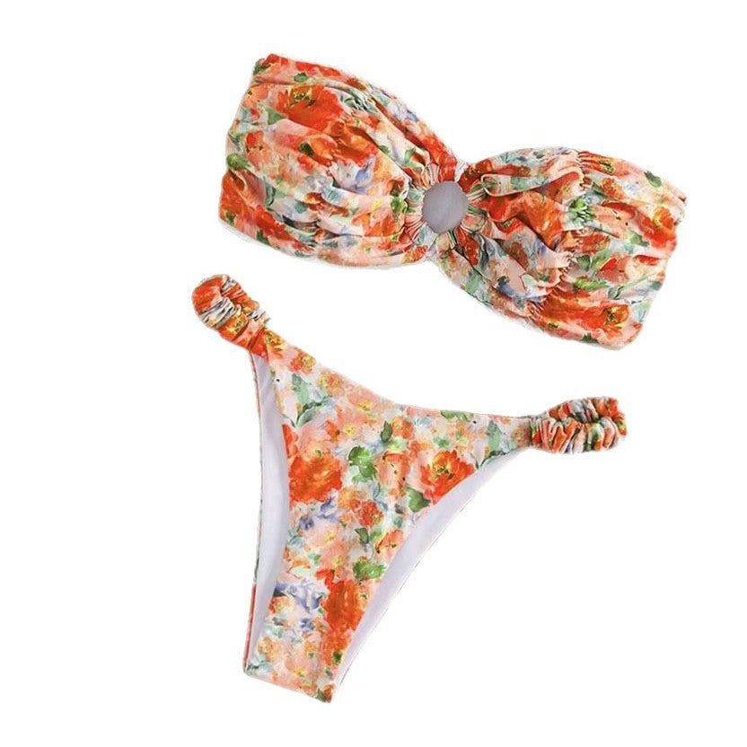 Tube Top Bikini Swimsuit Female Sexy Floral Hot Spring Resort Split Swimsuit Swimming Mod Floral Bandeau Bikini Swimsuit