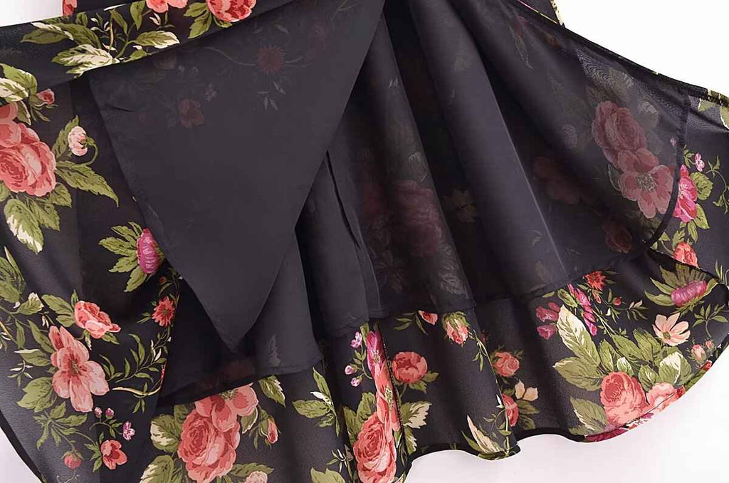 Slim and sexy side split waist mid-length dress, French retro square collar Print Chiffon Dress