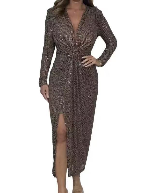 Women's Temperament Sequins Low V-Neck Long Sleeve New Year's Party Dress