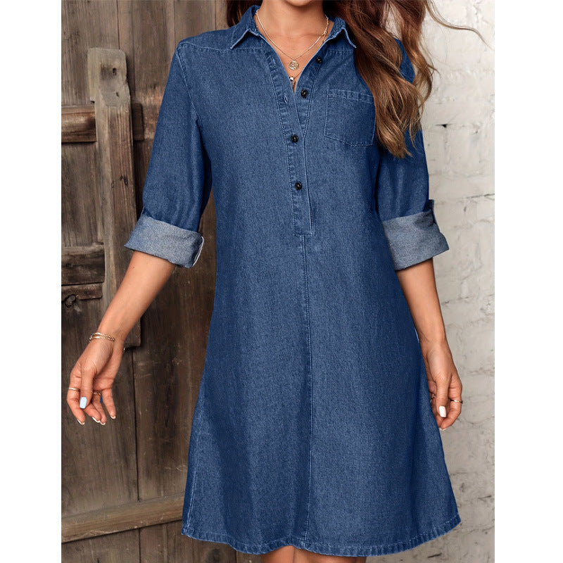 Women's temperament elegant fashion casual solid color front buckle crimped sleeve lapel solid color long tencel cotton