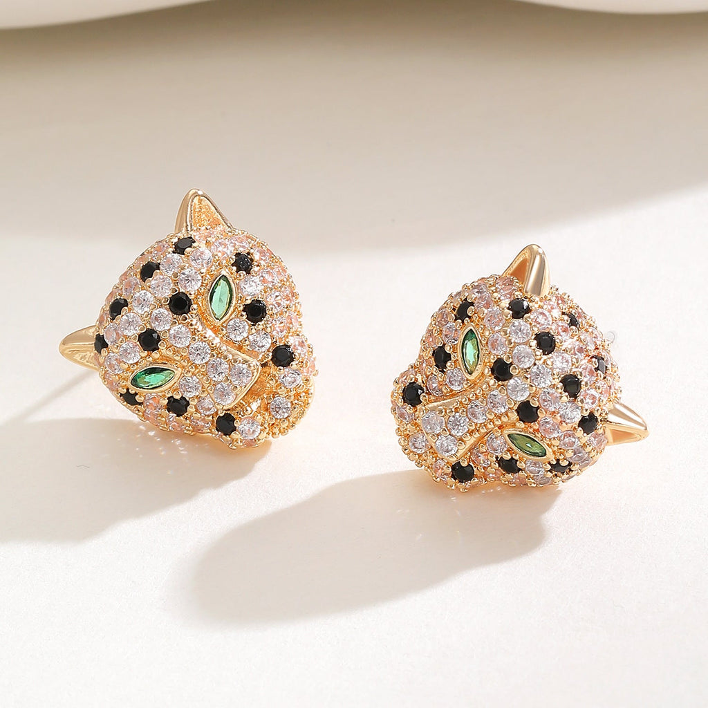 Hip Hop Leopard Head Pendant Necklace & Earrings Set Paved Zircon Luxury Jewelry