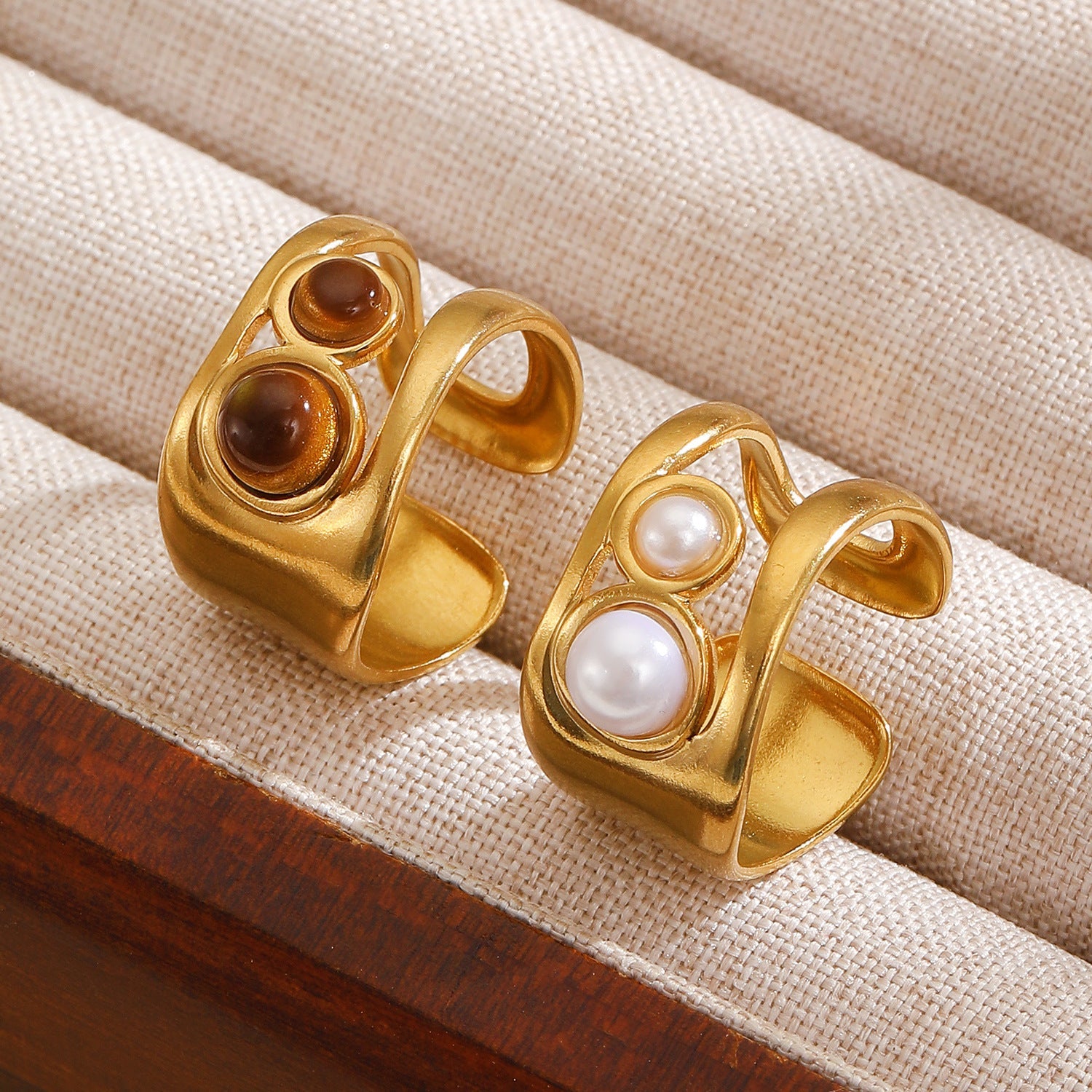 Stainless Steel Irregular Hollow Geometric Tiger Eye Ring for Women