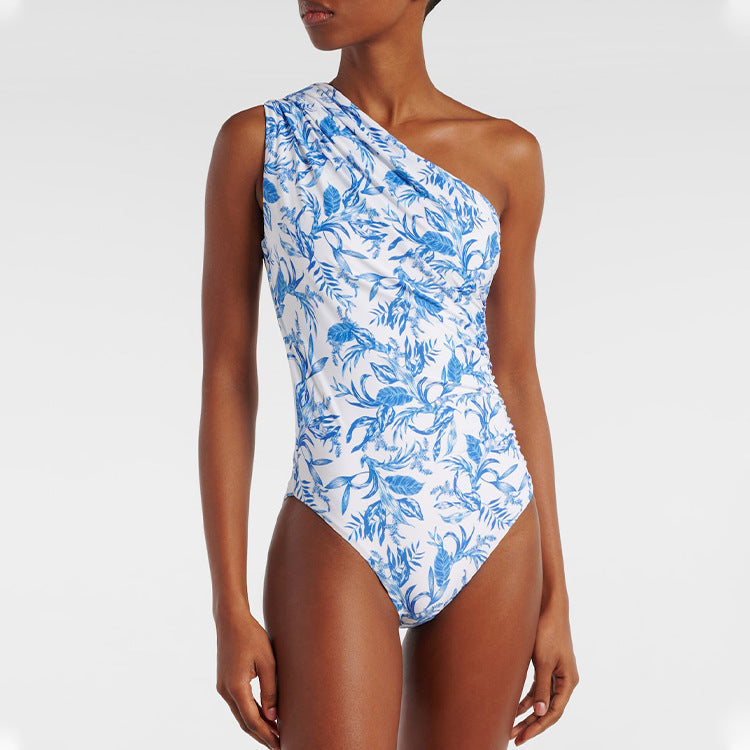 Swimsuit small fresh shoulder blue floral one-piece swimsuit suit women