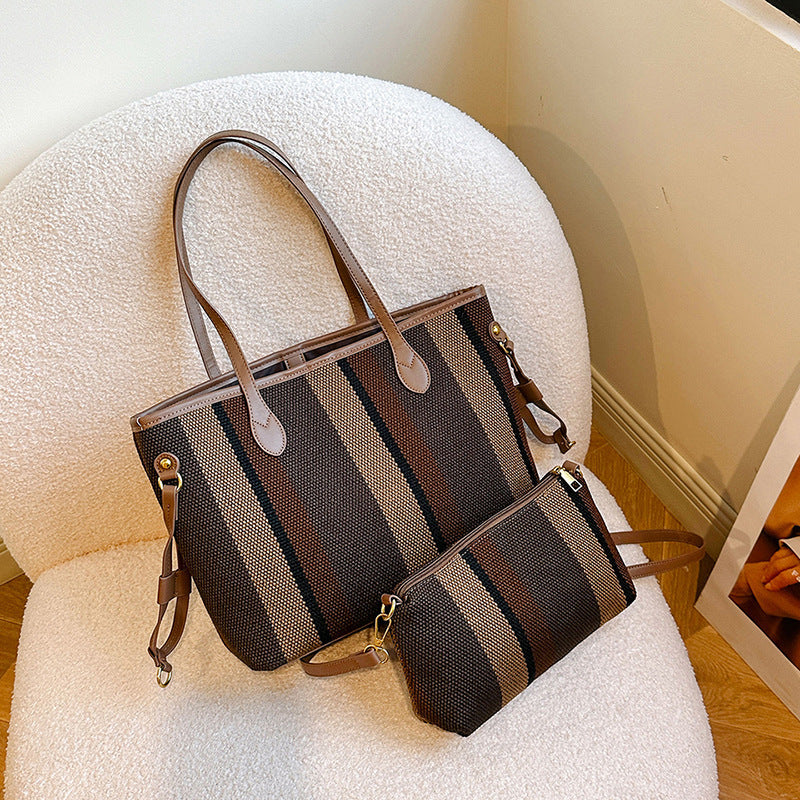 Canvas Striped Letter Print Tote – Large Shoulder & Crossbody Bag, Trendy Versatile Shopper