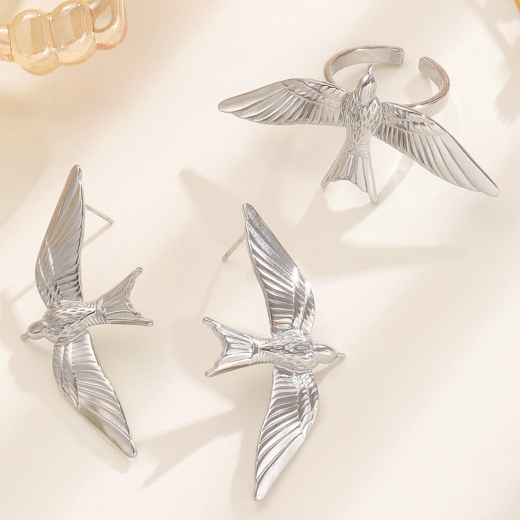 Vintage 18K Gold Plated Stainless Steel Bird Wing Open Ring for Women