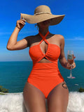High Waist Solid Color One Piece Sexy Backless Halter Swimsuit for Women