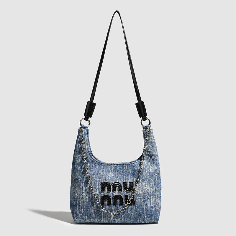 Simple retro small bucket bag, Versatile denim shoulder bag, Chain bag Crossbody bag, slouch hobo purse