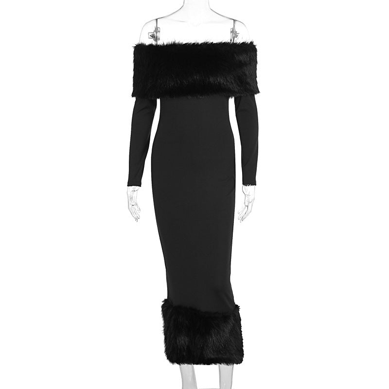 women's clothing autumn and winter fashion fur collar one-word collar long-sleeved temperament slim evening dress