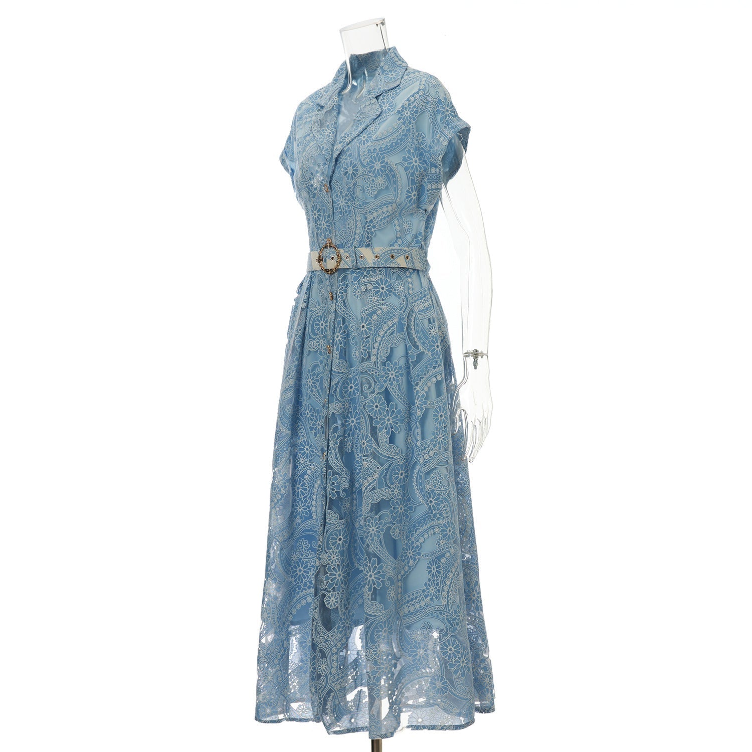 Summer Lace Embroidered Blazer Dress – Notched Collar Button-Front Tie-Waist Maxi, Elegant Long Gown