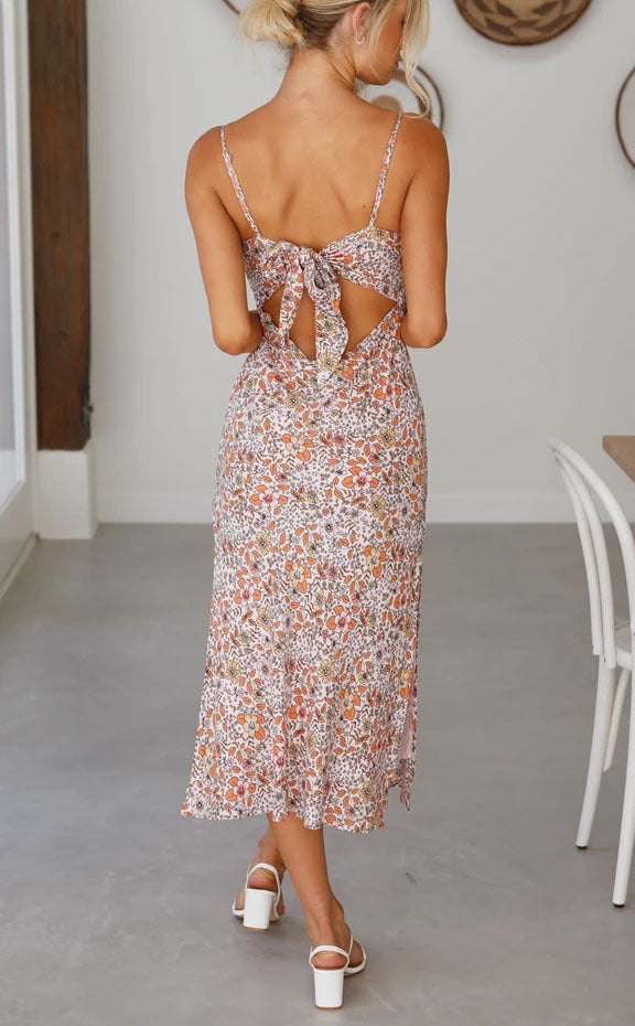 Floral Deep V Suspender Split Dress - Women's Spaghetti Strap Summer Dress